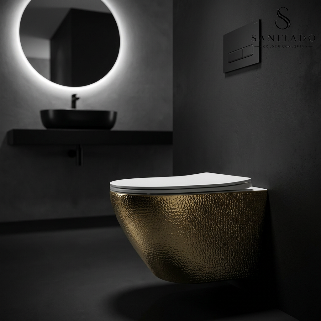 Wandcloset Sanitado Industry Goud Croco randloos met softclose toiletzitting in mat wit