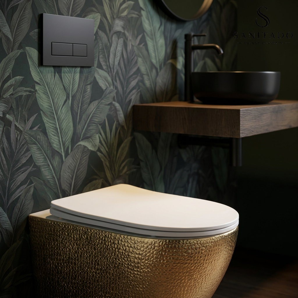 Wandcloset Sanitado Industry Goud Croco randloos met softclose toiletzitting in mat wit