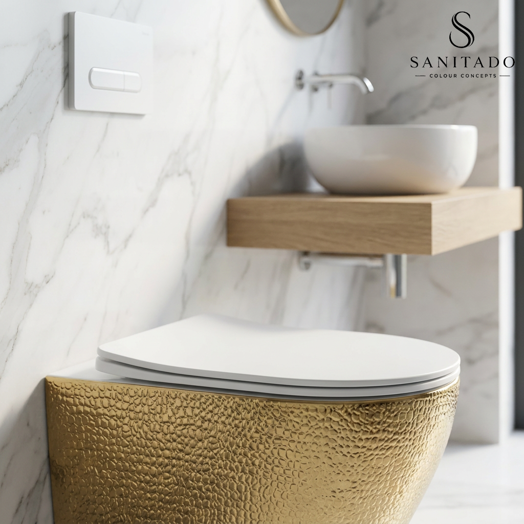 Wandcloset Sanitado Industry Goud Croco randloos met softclose toiletzitting in mat wit