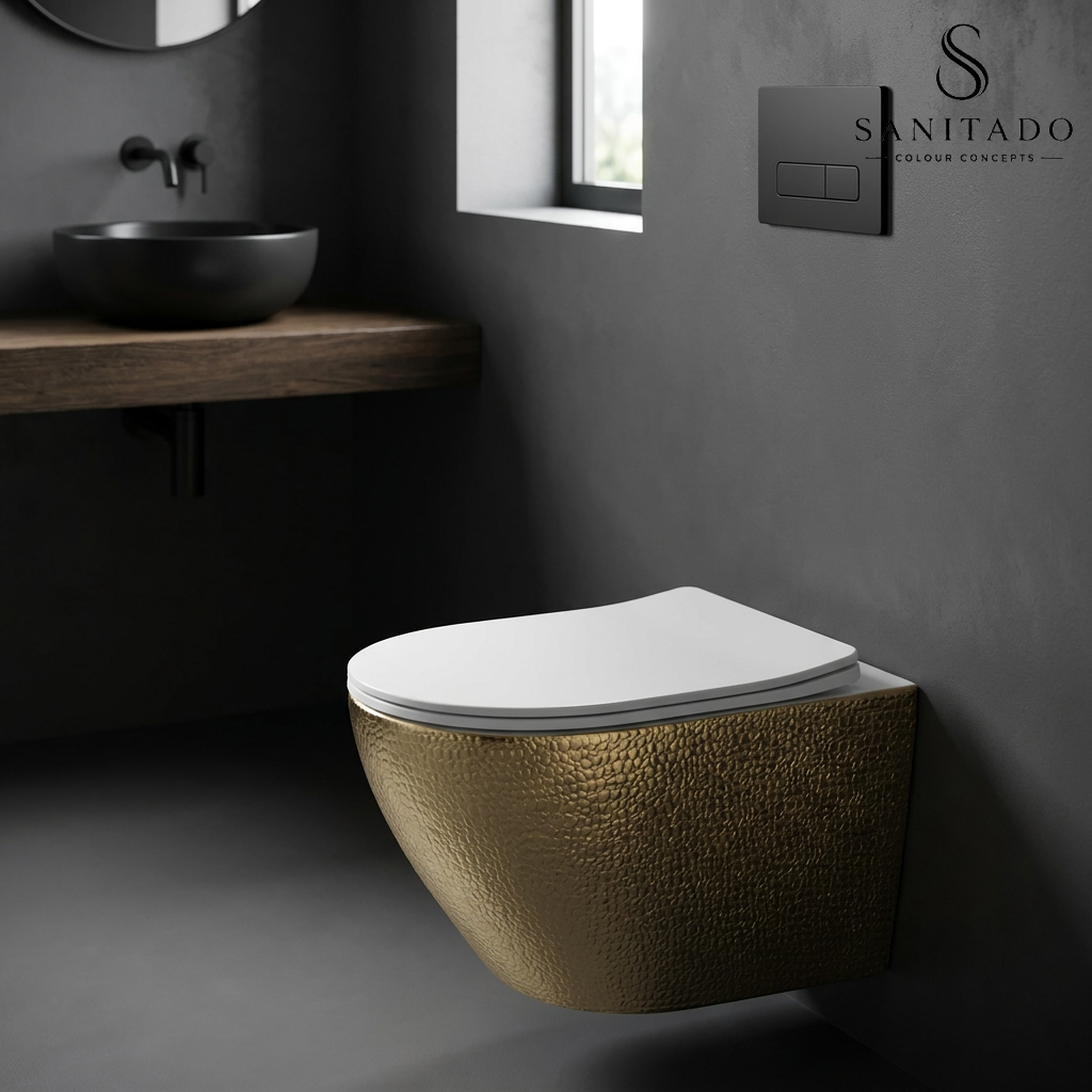 Wandcloset Sanitado Industry Goud Croco randloos met softclose toiletzitting in mat wit