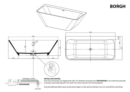 Half vrijstaand hoekbad links Sanitado Industry Borgh solid surface 180x85cm mat zwart