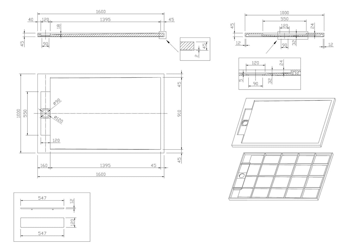 Sanitado Elements Decent Douchebak Mat Wit 160x100cm Solid Surface
