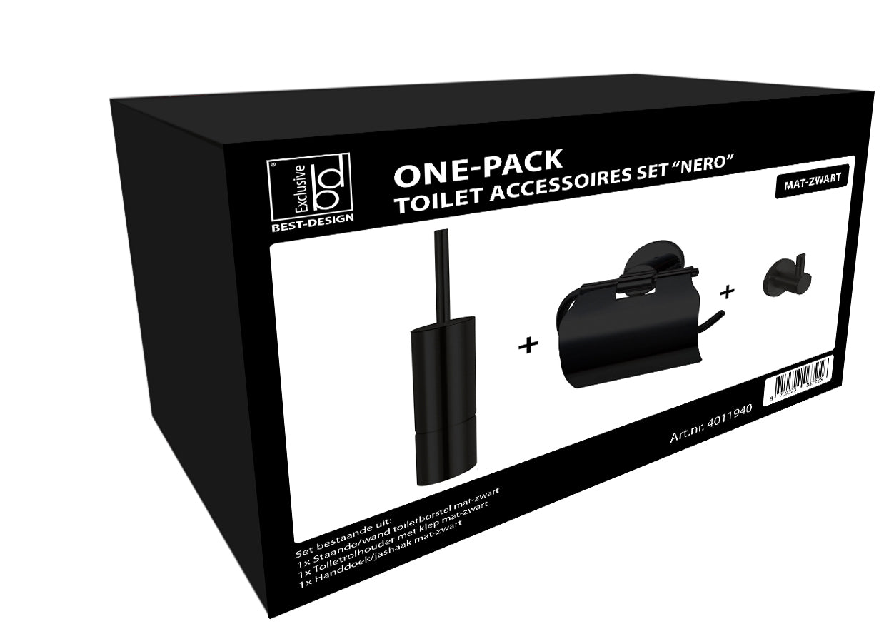 Toiletaccessoires set Sanitado Industry met borstel, rolhouder met klep en handdoekhaak in mat zwart