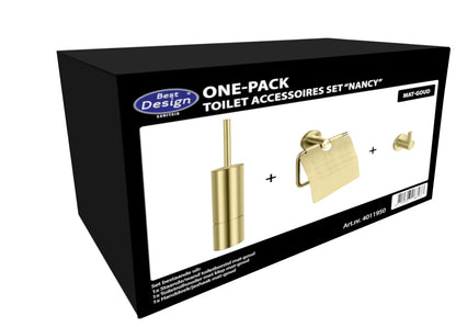 Toiletaccessoires set Sanitado Industry met borstel, rolhouder met klep en handdoekhaak in mat goud