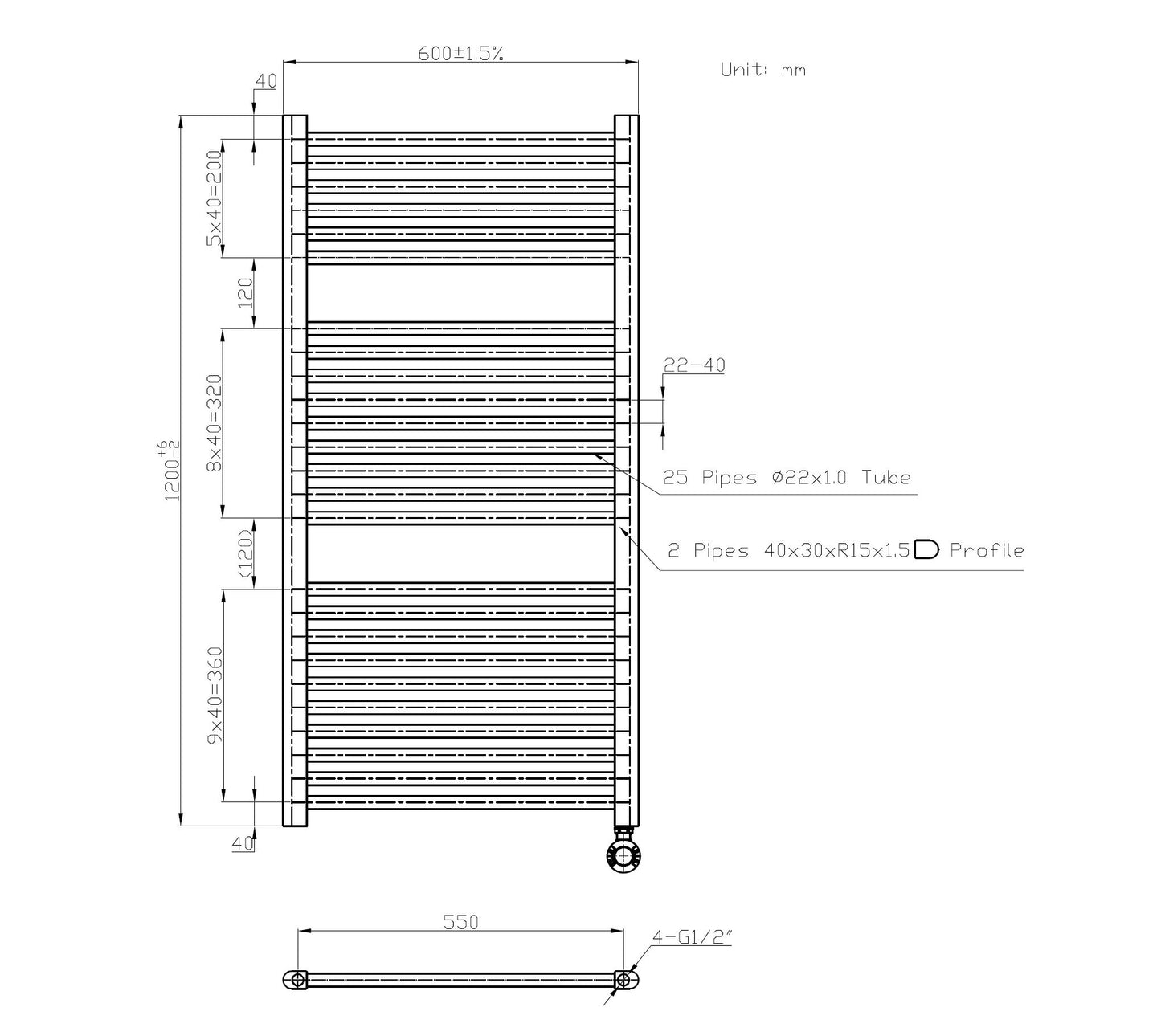 Elektrische handdoekradiator Sanitado Elements mat wit 640W 1200x600mm