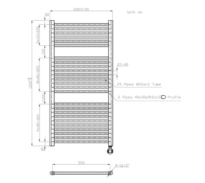 Elektrische handdoekradiator Sanitado Elements mat wit 640W 1200x600mm
