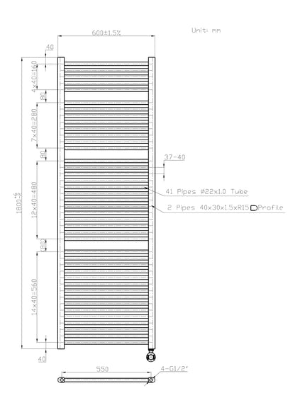 Elektrische handdoekradiator Sanitado Elements mat wit 1160W 1800x600mm