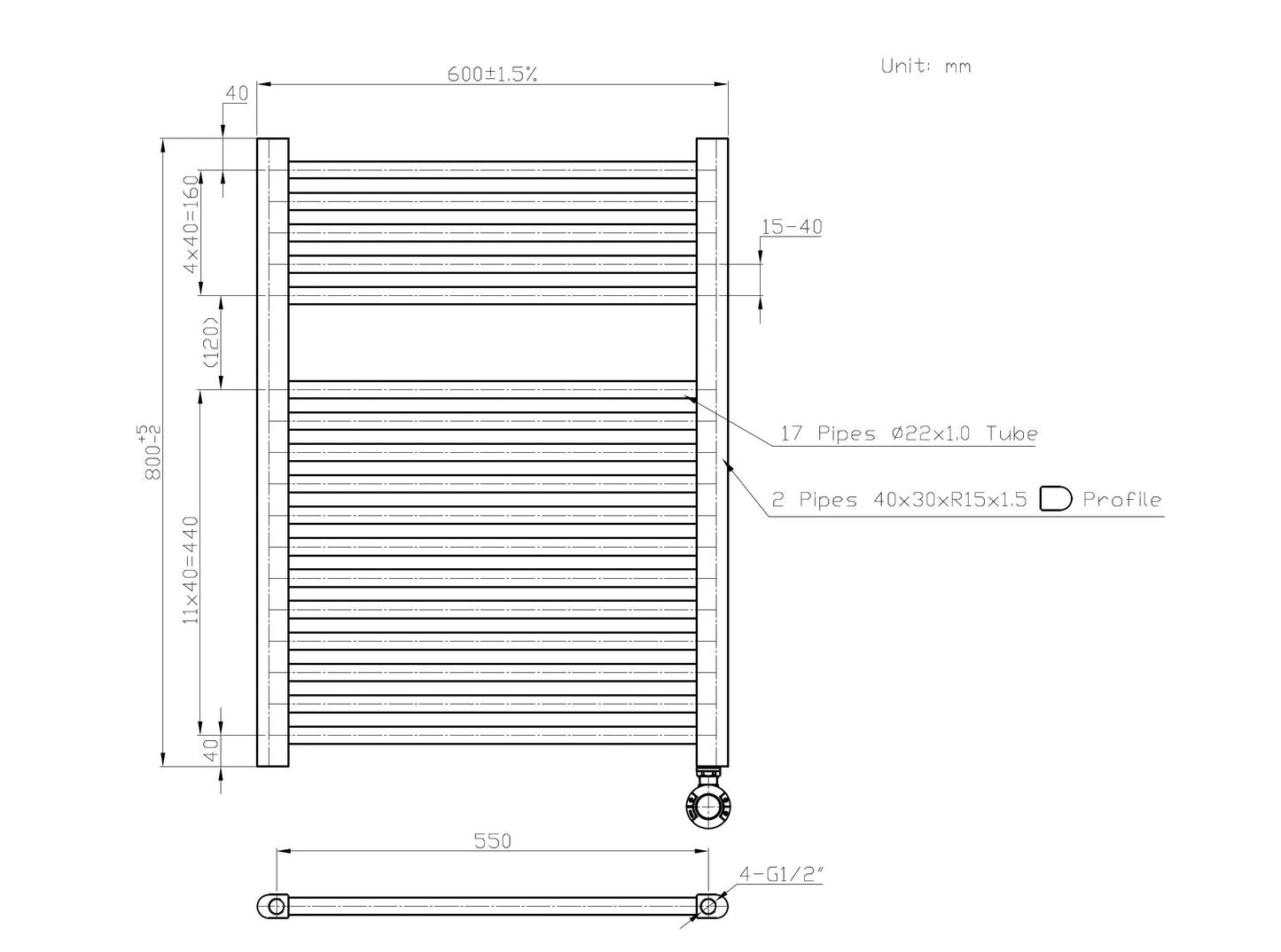 Elektrische handdoekradiator Sanitado Elements mat zwart 380W 800x600mm