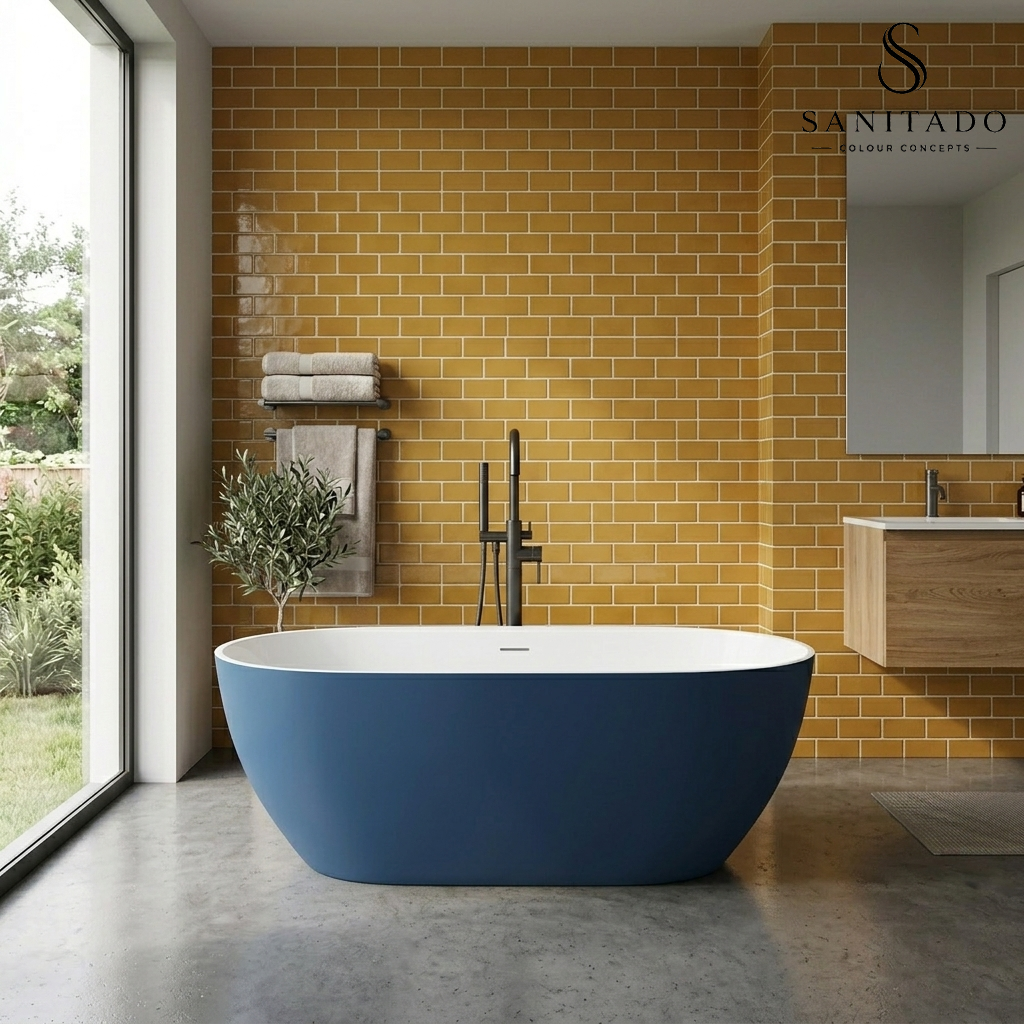 Vrijstaand ligbad Sanitado Rainbow Friday Blue 178x78cm mat blauw en glanzend wit