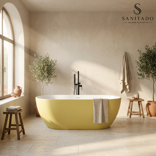 Vrijstaand ligbad Sanitado Rainbow Friday Yellow 178x78cm mat geel en glanzend wit