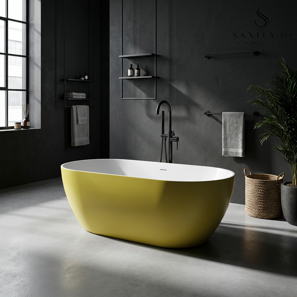 Vrijstaand ligbad Sanitado Rainbow Friday Yellow 178x78cm mat geel en glanzend wit