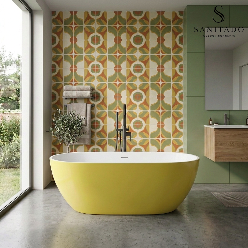 Vrijstaand ligbad Sanitado Rainbow Friday Yellow 178x78cm mat geel en glanzend wit