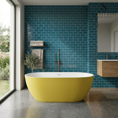 Vrijstaand ligbad Sanitado Rainbow Friday Yellow 178x78cm mat geel en glanzend wit