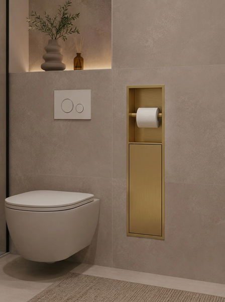 Badkamer inbouwnis 60x16x12cm Sanitado Industry toiletrolhouder en opbergkast in mat goud