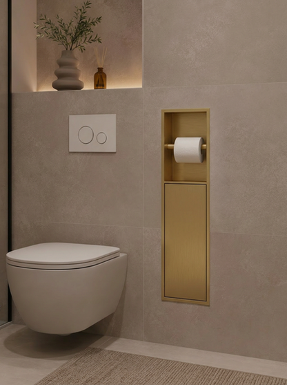 Badkamer inbouwnis 60x16x12cm Sanitado Industry toiletrolhouder en opbergkast in mat goud