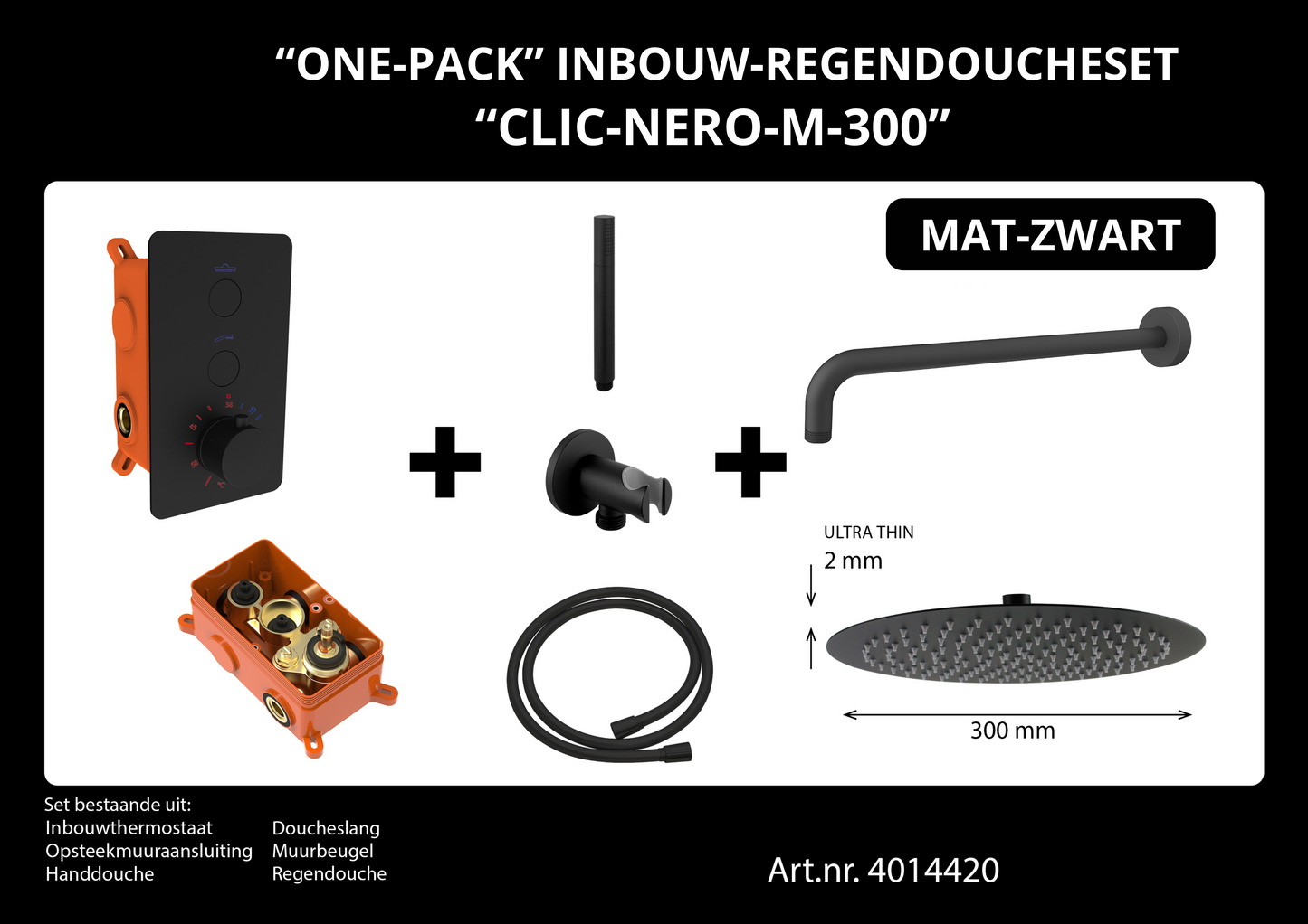 Complete inbouwdouche Sanitado Industry Click met 30cm stortdouche en handdouche in mat zwart