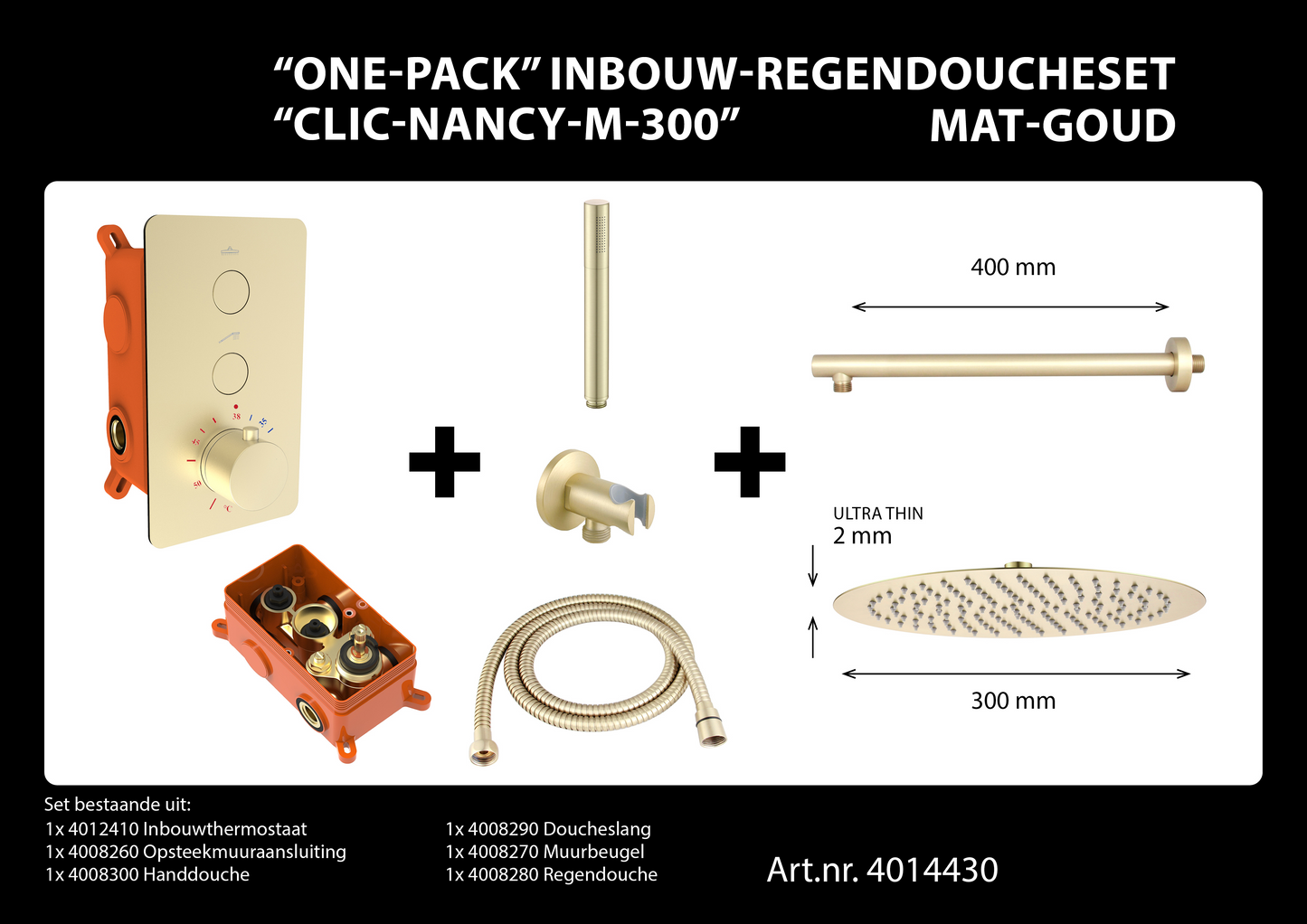 Complete inbouwdouche Sanitado Industry Click met 30cm stortdouche en handdouche in mat goud