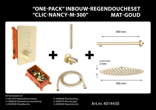 Complete inbouwdouche Sanitado Industry Click met 30cm stortdouche en handdouche in mat goud