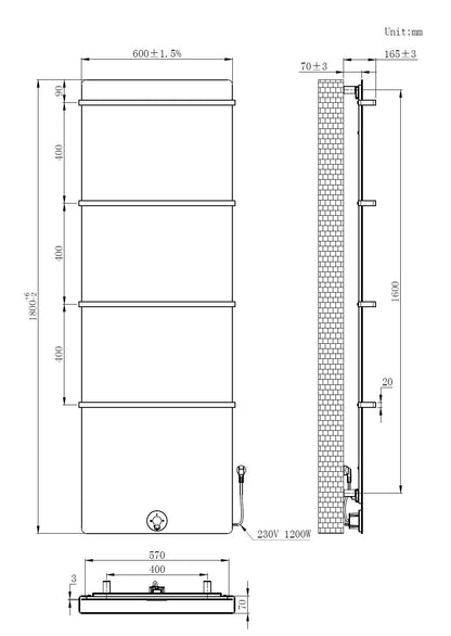 Elektrische handdoekradiator Sanitado Elements mat wit 1200W 1800x600mm