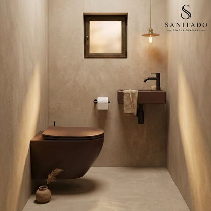 Wandcloset Sanitado rainbow randloos met softclose toiletzitting in mat donkerbruin