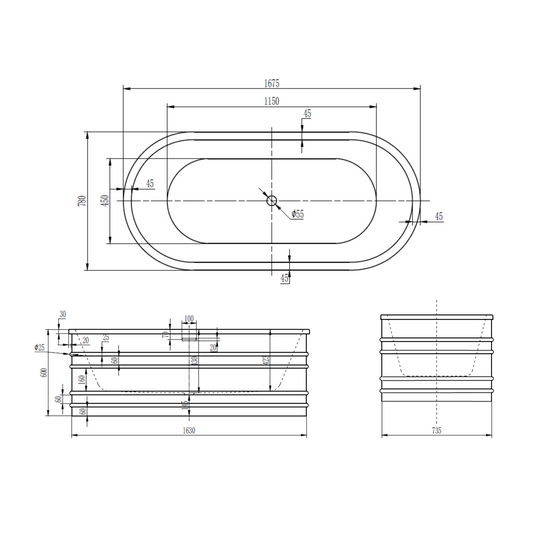 Vrijstaand Ligbad Sanitado Industry Ribble 168x78cm mat wit