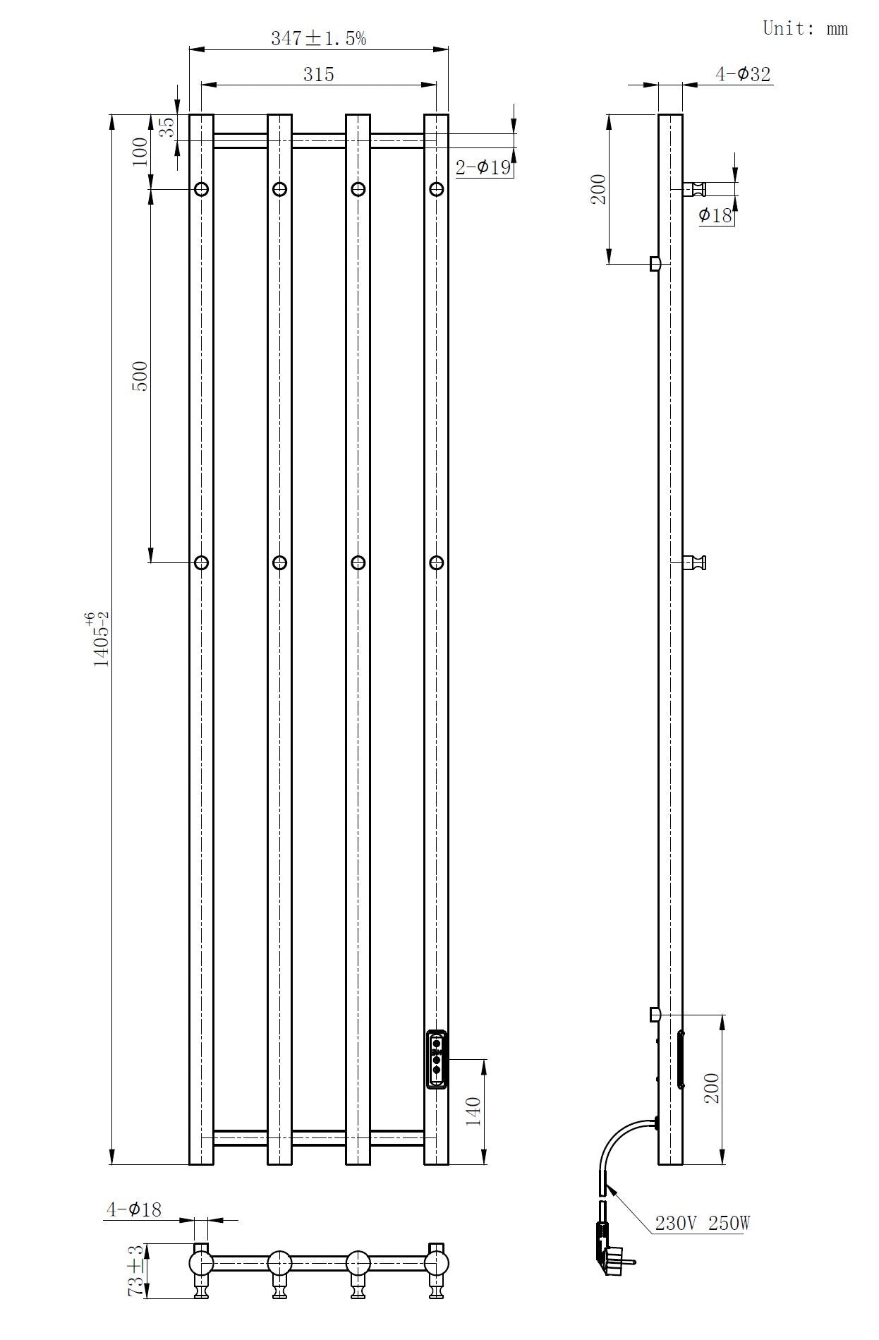 Elektrische handdoekradiator Sanitado Elements mat wit 250W 140x35cm