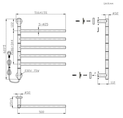Elektrische handdoekradiator Sanitado Elements glanzend wit 75W 622x516mm
