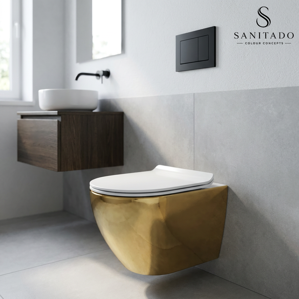 Wandcloset Sanitado Industry Blad Goud randloos met softclose toiletzitting in glanzend wit