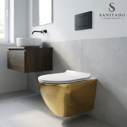 Wandcloset Sanitado Industry Blad Goud randloos met softclose toiletzitting in glanzend wit