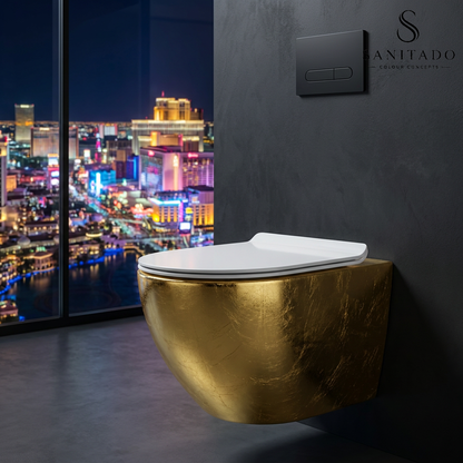 Wandcloset Sanitado Industry Blad Goud randloos met softclose toiletzitting in glanzend wit