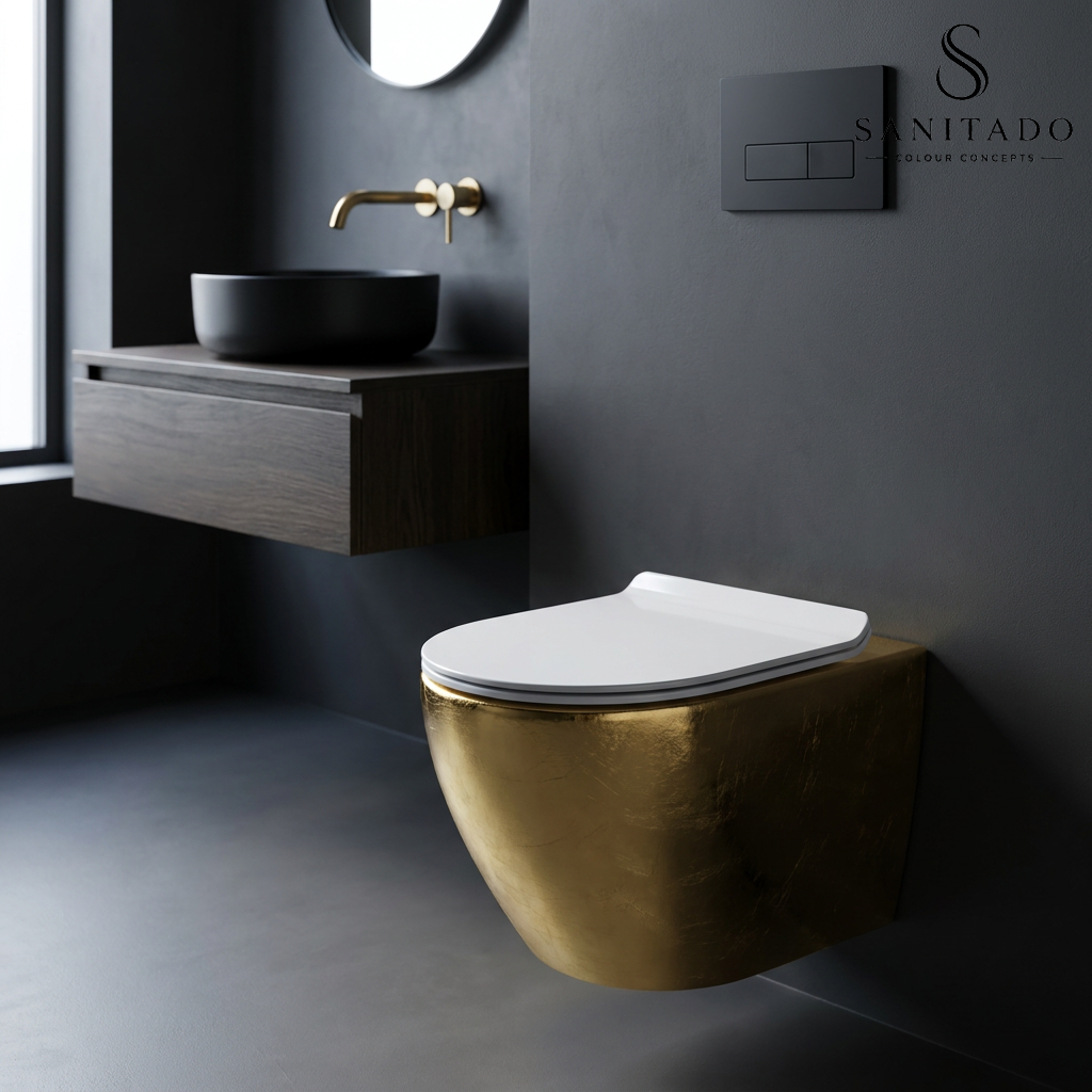 Wandcloset Sanitado Industry Blad Goud randloos met softclose toiletzitting in glanzend wit