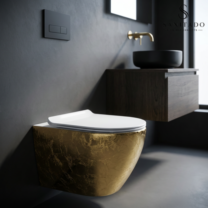Wandcloset Sanitado Industry Blad Goud randloos met softclose toiletzitting in glanzend wit