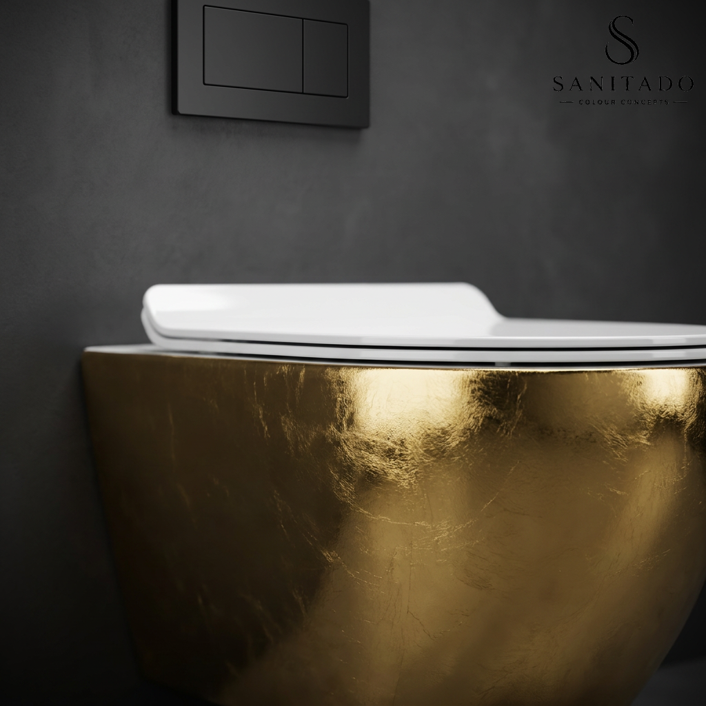 Wandcloset Sanitado Industry Blad Goud randloos met softclose toiletzitting in glanzend wit