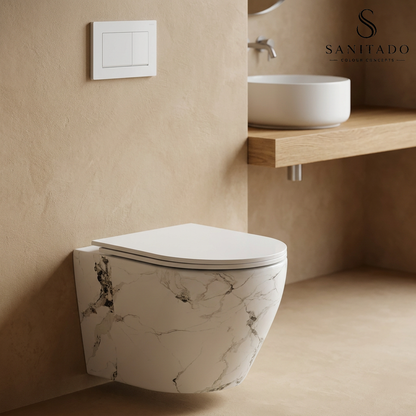 Wandcloset Sanitado Elements Marmer-look randloos met softclose toiletzitting in glanzend wit