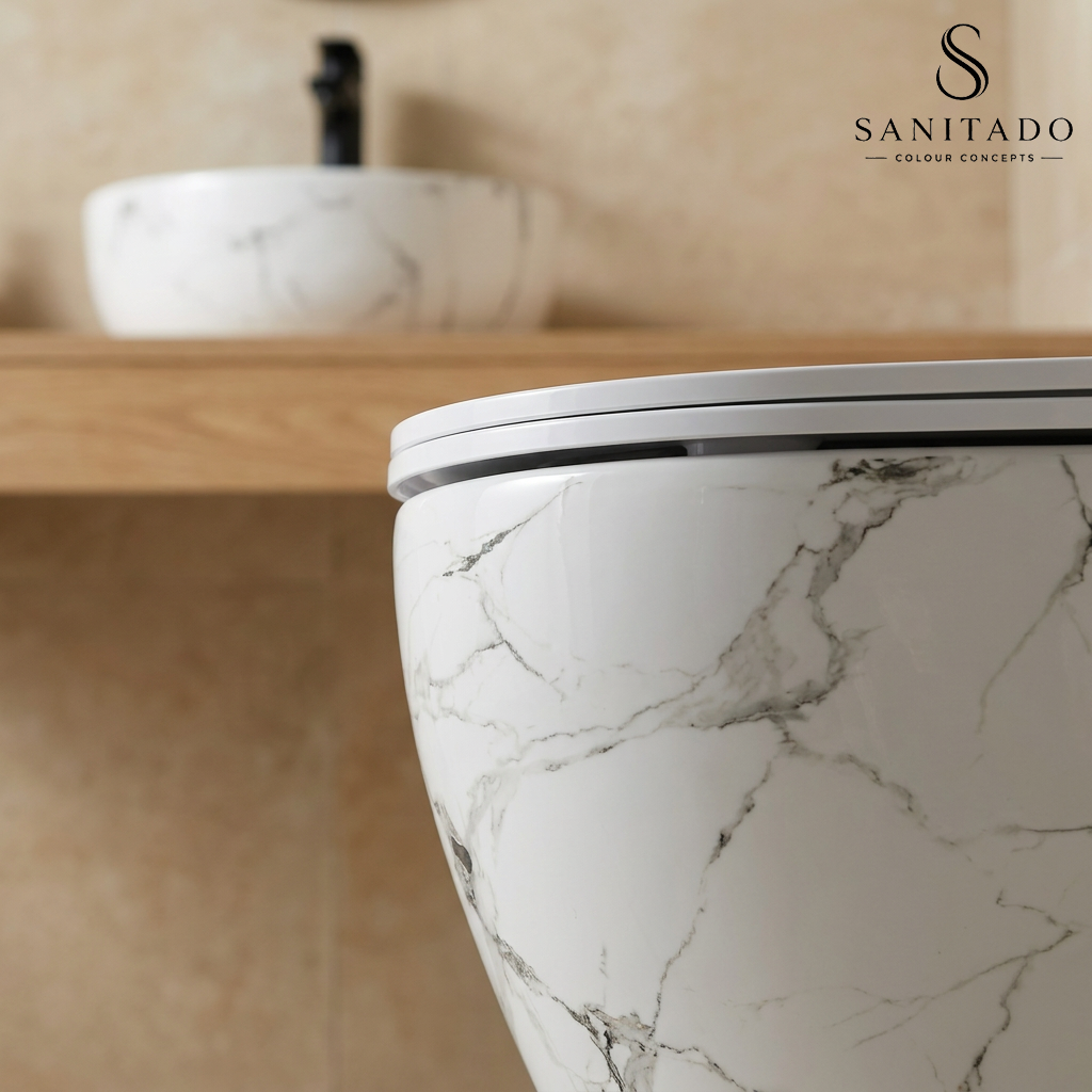 Wandcloset Sanitado Elements Marmer-look randloos met softclose toiletzitting in glanzend wit