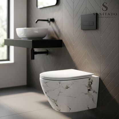 Wandcloset Sanitado Elements Marmer-look randloos met softclose toiletzitting in glanzend wit