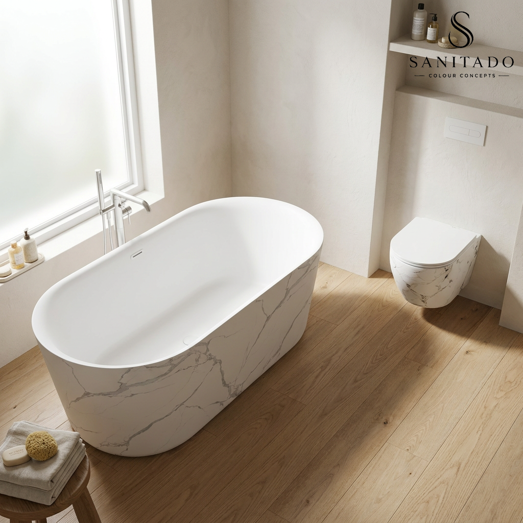 Wandcloset Sanitado Elements Marmer-look randloos met softclose toiletzitting in glanzend wit