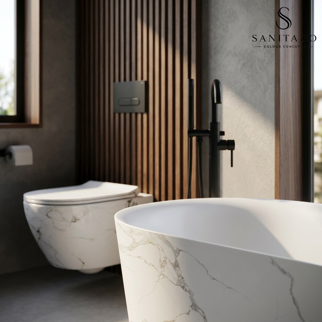Wandcloset Sanitado Elements Marmer-look randloos met softclose toiletzitting in glanzend wit