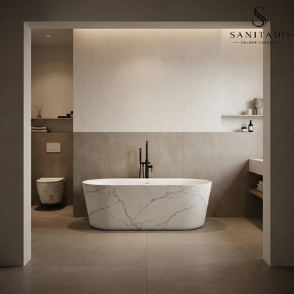 Wandcloset Sanitado Elements Marmer-look randloos met softclose toiletzitting in glanzend wit