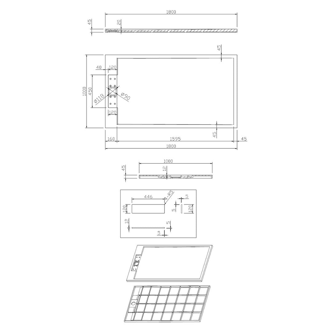 Sanitado Elements Decent Douchebak Mat Wit 180x100cm Solid Surface