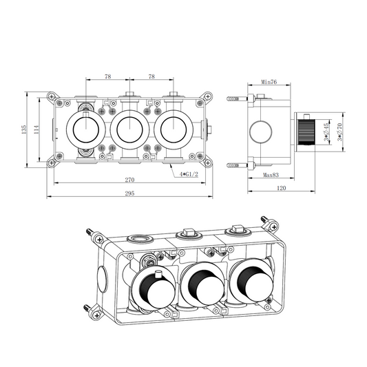Complete 3-knops inbouw badkraanset Sanitado Industry in mat zwart