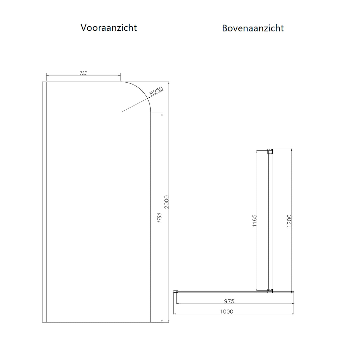 Sanitado Dalis Curve Inloopdouche Helder Glas Mat Zwart Profielen 100x200 cm