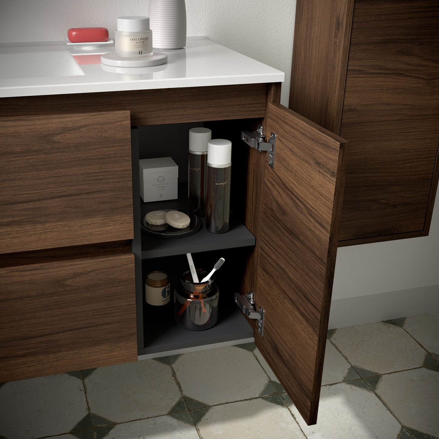 Badkamer meubelset Salgar Noja 85cm 2 laden en 1 deur recht walnoot