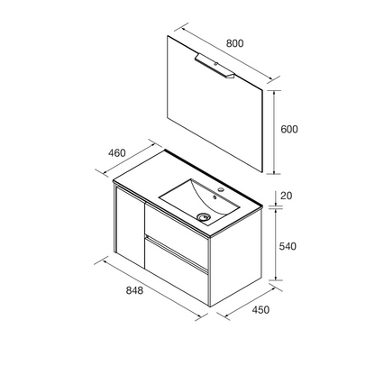 Badkamer meubelset Salgar Noja 85cm 2 laden en 1 deur links wit mat