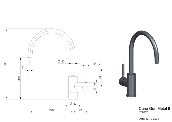 Keukenmengkraan Reginox Cano Gunmetal II in PVD gunmetal grijs