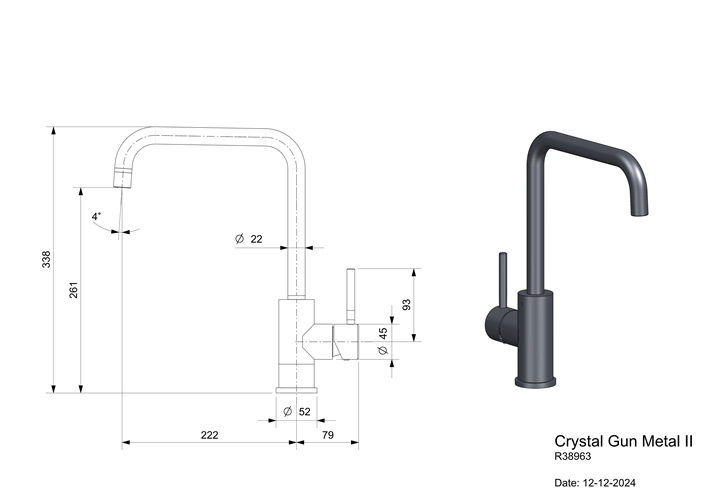 Keukenmengkraan Reginox Crystal Gunmetal II in PVD gunmetal grijs