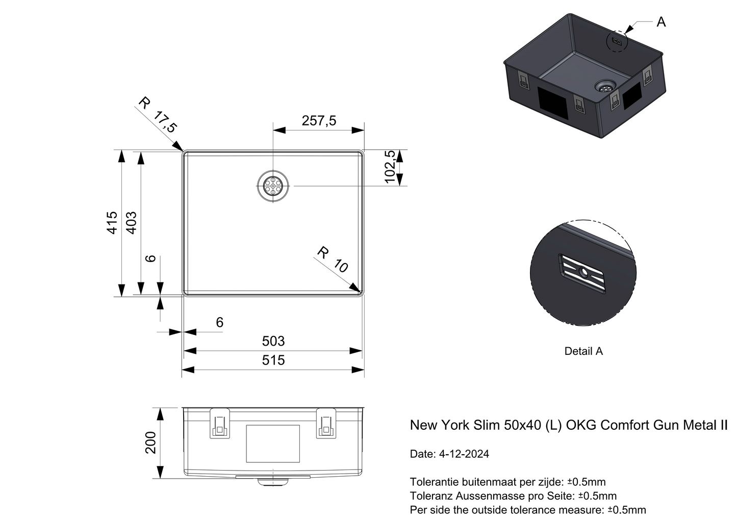 Keukenspoelbak Reginox New York Slim 50x40 cm Gunmetal II in PVD gunmetal grijs