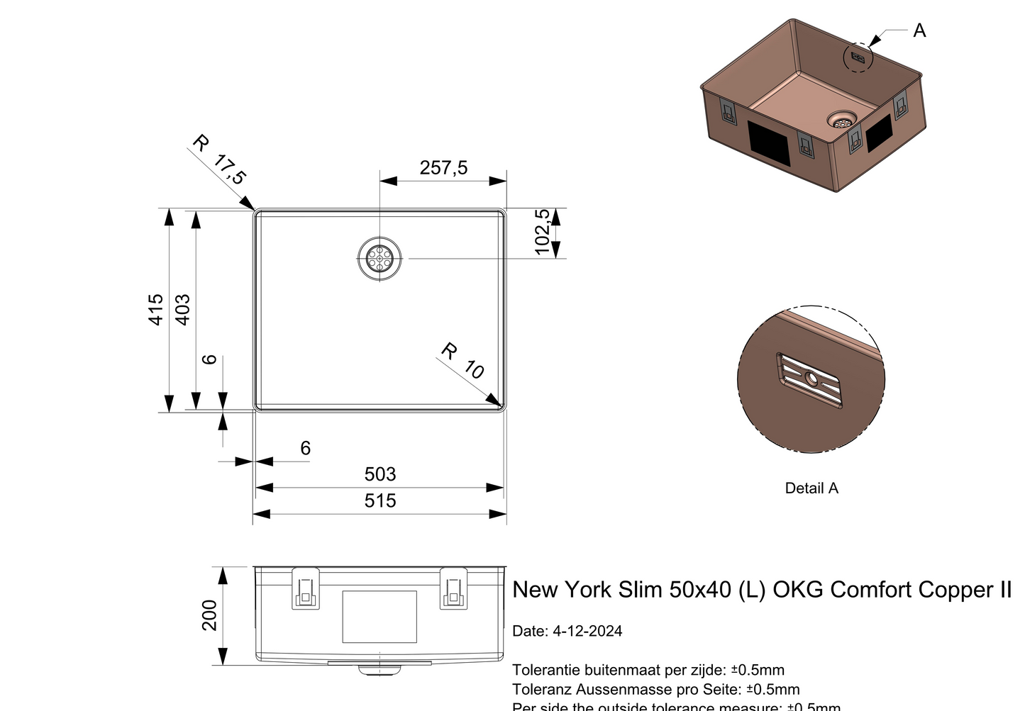Keukenspoelbak Reginox New York Slim 50x40 cm Copper II in PVD koper