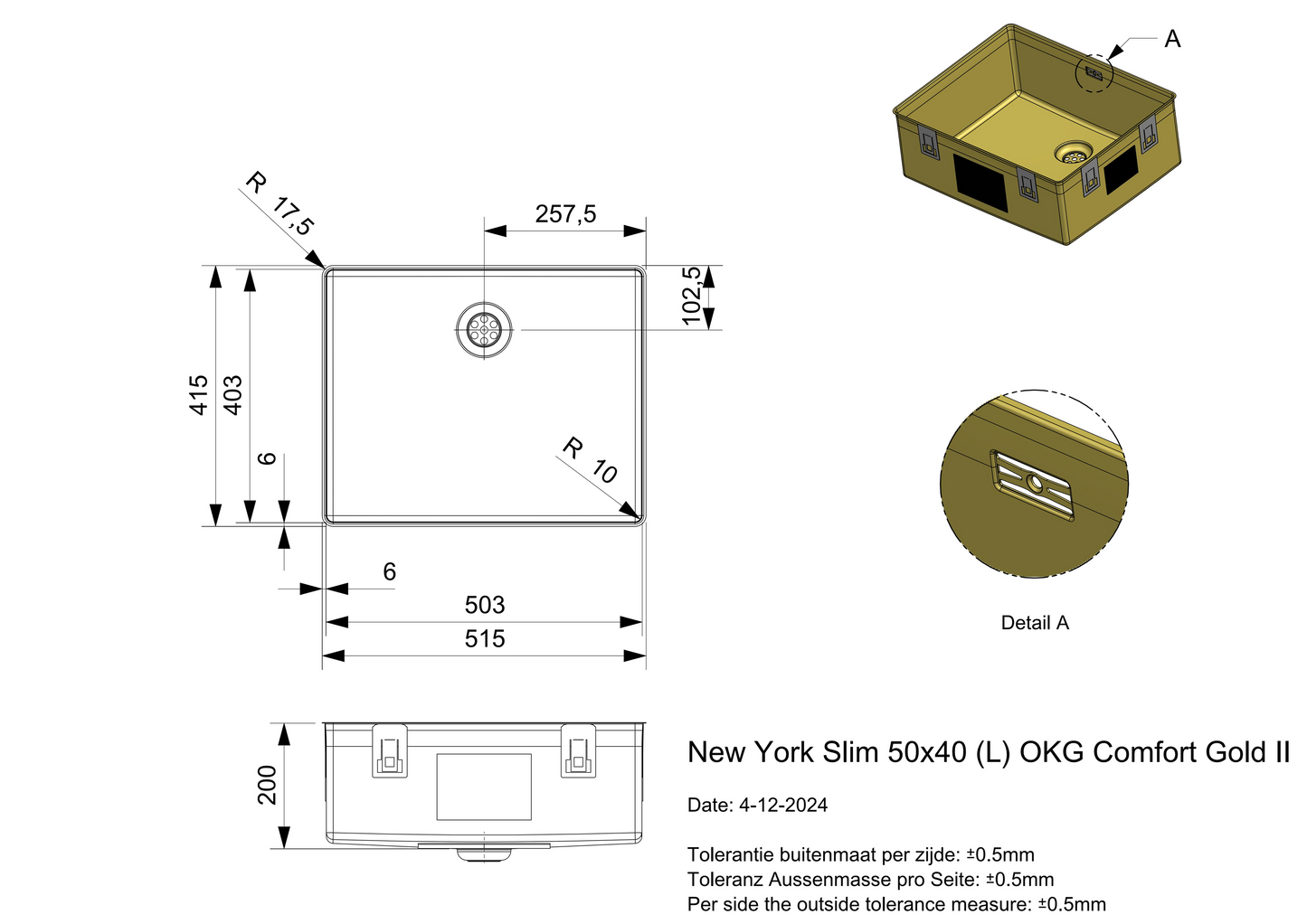 Keukenspoelbak Reginox New York Slim 50x40 cm Gold II in PVD gold