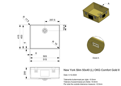 Keukenspoelbak Reginox New York Slim 50x40 cm Gold II in PVD gold